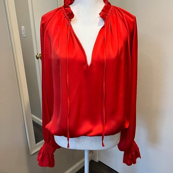 Ramy Brook Red Bethany Satin V Neck Long Sleeve Blouse, Size Large - Picture 1 of 12